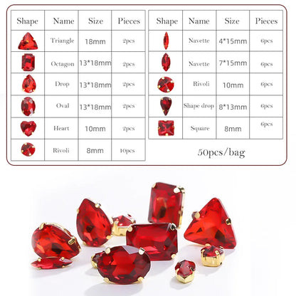 Acmore Crystal Mixed Shapes 12 Colors Loose Crystal Glass Stone With Golden Claw Setting DIY Sewing Fancy Sew on Claw Bead Rhinestone