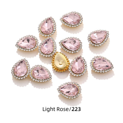 Acmore Crystal New Arrival Double-layers Drop Shape Flat Back Claw Rhinestones Golden Sunflower Sew-on Crystal Glass for Clothing