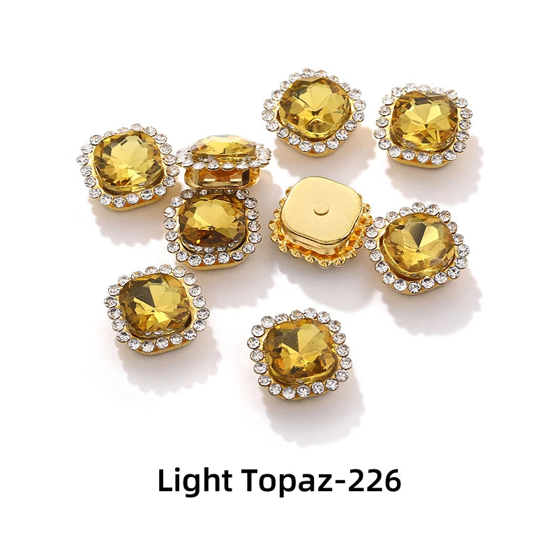 Acmore Crystal New Arrival Double-layers Cushion Shape Flat Back Claw Rhinestones Golden Sunflower Sew-on Crystal Glass for Clothing