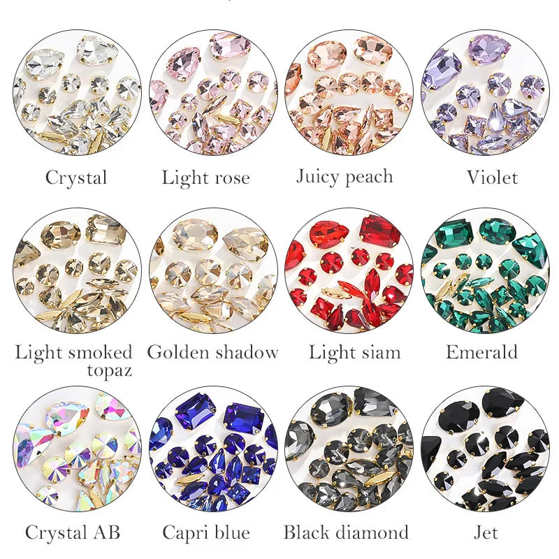 Acmore Crystal Mixed Shapes 12 Colors Loose Crystal Glass Stone With Golden Claw Setting DIY Sewing Fancy Sew on Claw Bead Rhinestone