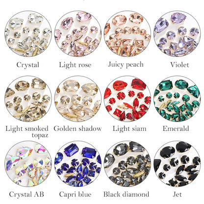 Acmore Crystal Mixed Shapes 12 Colors Loose Crystal Glass Stone With Golden Claw Setting DIY Sewing Fancy Sew on Claw Bead Rhinestone