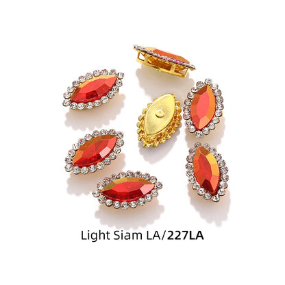 Acmore Crystal New Arrival Double-layers Navette Shape Flat Back Claw Rhinestones Golden Sunflower Sew-on Crystal Glass for Clothing