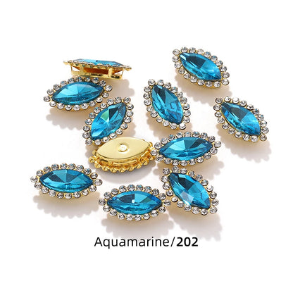 Acmore Crystal New Arrival Double-layers Navette Shape Flat Back Claw Rhinestones Golden Sunflower Sew-on Crystal Glass for Clothing