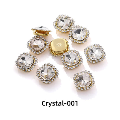 Acmore Crystal New Arrival Double-layers Cushion Shape Flat Back Claw Rhinestones Golden Sunflower Sew-on Crystal Glass for Clothing
