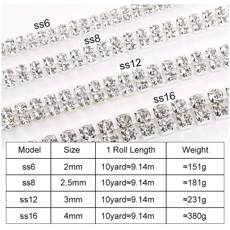 Acmore Crystal SS6-SS16 Crystal ab Stones Rhinestones Sew on Golden/white k Copper Claw Double Row Claw Cup Chain for Garment Jewelry