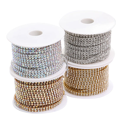 Acmore Crystal SS6-SS16 Crystal ab Stones Rhinestones Sew on Golden/white k Copper Claw Double Row Claw Cup Chain for Garment Jewelry