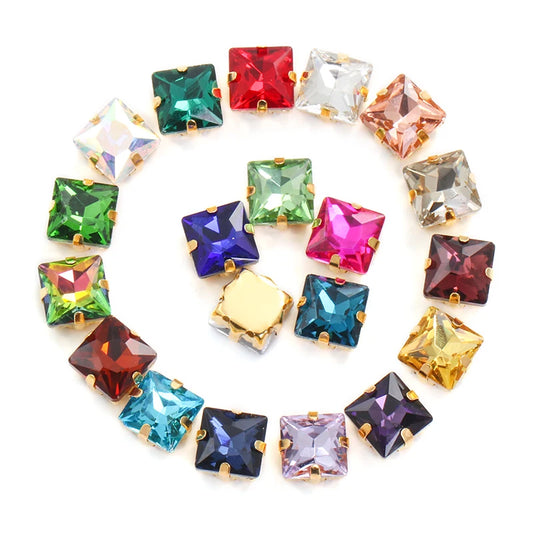 Acmore Crystal  Wholesale Colorful Sew on Stone Diamonds Square Shape Gold Claws Glass Rhinestones DIY Clothing Decorate