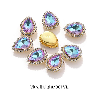 Acmore Crystal New Arrival Double-layers Drop Shape Flat Back Claw Rhinestones Golden Sunflower Sew-on Crystal Glass for Clothing