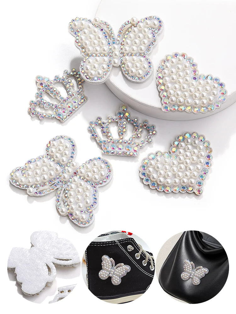 Acmore Crystal White Pearl Rhinestones  Crown Peach Heart Hot Fix Stickers Non-Woven Self-adhesive Patch Clothing DIY Accessories