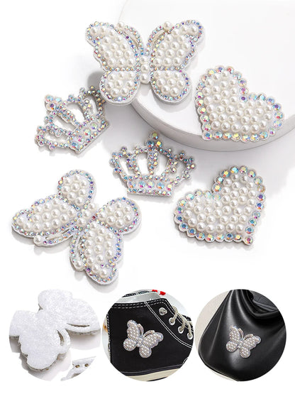 Acmore Crystal White Pearl Rhinestones  Crown Peach Heart Hot Fix Stickers Non-Woven Self-adhesive Patch Clothing DIY Accessories