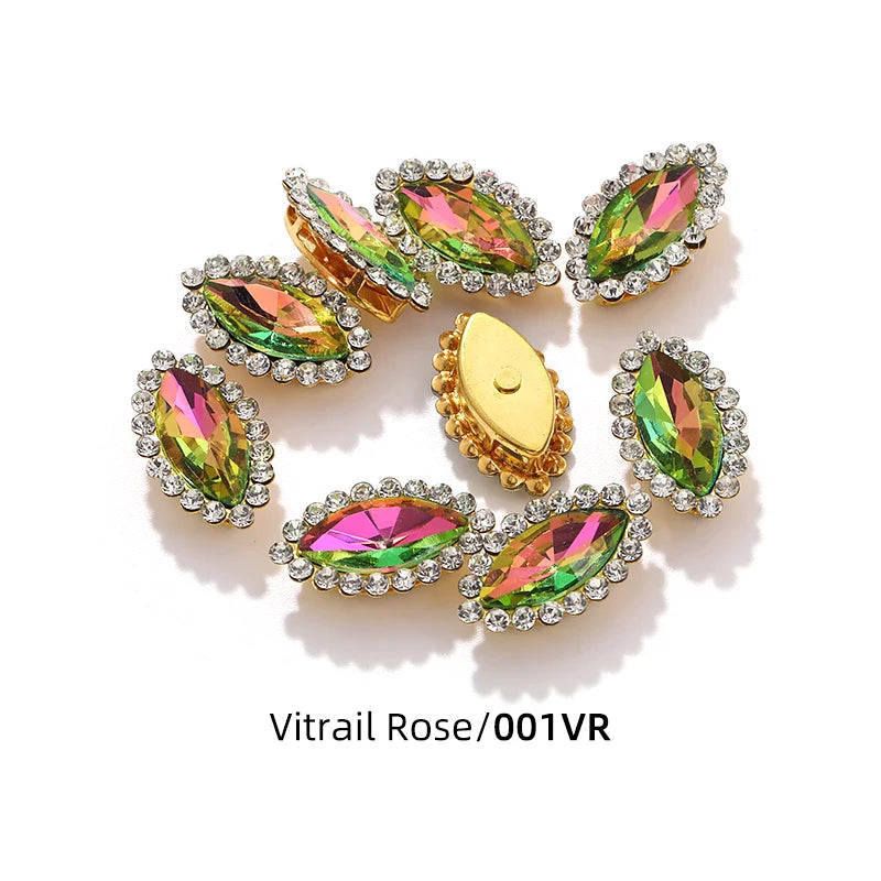 Acmore Crystal New Arrival Double-layers Navette Shape Flat Back Claw Rhinestones Golden Sunflower Sew-on Crystal Glass for Clothing