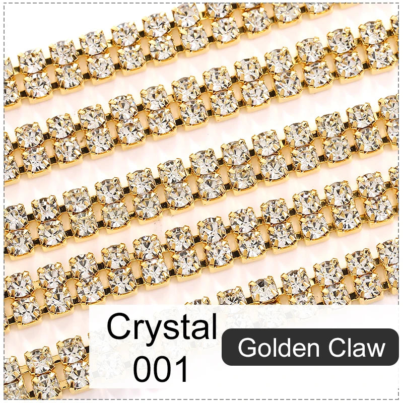 Acmore Crystal SS6-SS16 Crystal ab Stones Rhinestones Sew on Golden/white k Copper Claw Double Row Claw Cup Chain for Garment Jewelry