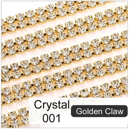 Acmore Crystal SS6-SS16 Crystal ab Stones Rhinestones Sew on Golden/white k Copper Claw Double Row Claw Cup Chain for Garment Jewelry