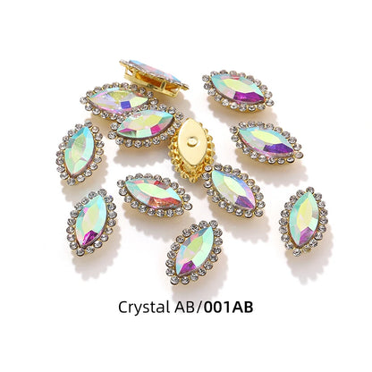 Acmore Crystal New Arrival Double-layers Navette Shape Flat Back Claw Rhinestones Golden Sunflower Sew-on Crystal Glass for Clothing