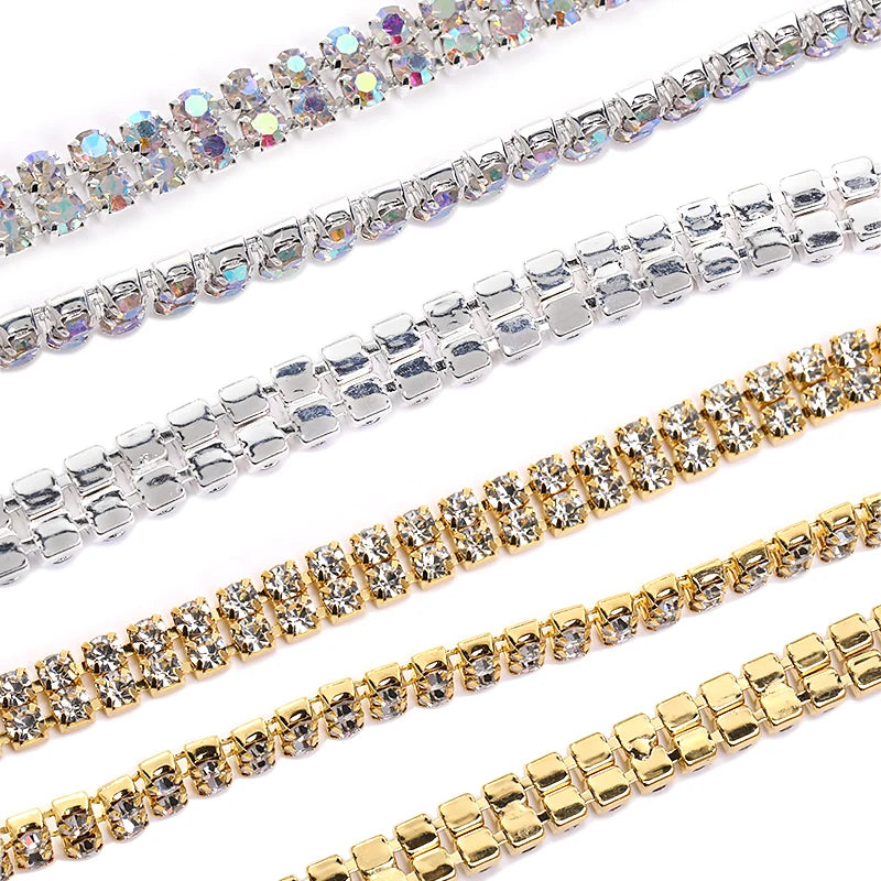 Acmore Crystal SS6-SS16 Crystal ab Stones Rhinestones Sew on Golden/white k Copper Claw Double Row Claw Cup Chain for Garment Jewelry