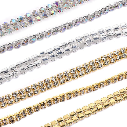 Acmore Crystal SS6-SS16 Crystal ab Stones Rhinestones Sew on Golden/white k Copper Claw Double Row Claw Cup Chain for Garment Jewelry