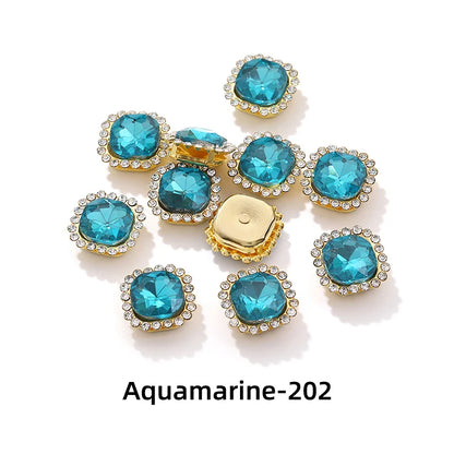 Acmore Crystal New Arrival Double-layers Cushion Shape Flat Back Claw Rhinestones Golden Sunflower Sew-on Crystal Glass for Clothing