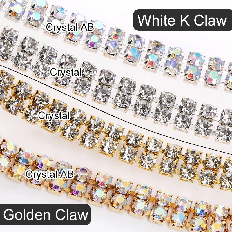 Acmore Crystal SS6-SS16 Crystal ab Stones Rhinestones Sew on Golden/white k Copper Claw Double Row Claw Cup Chain for Garment Jewelry