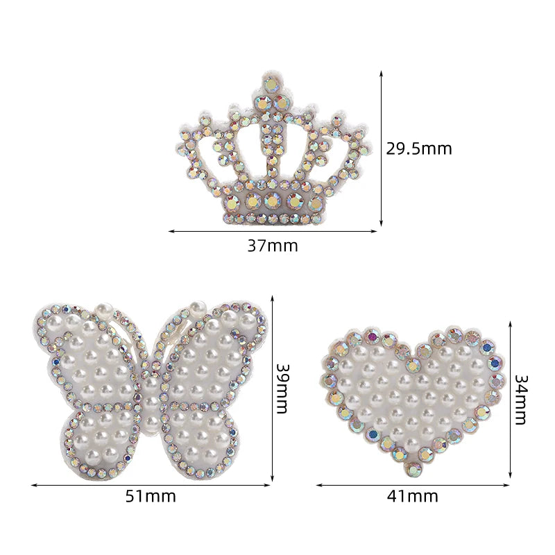 Acmore Crystal White Pearl Rhinestones  Crown Peach Heart Hot Fix Stickers Non-Woven Self-adhesive Patch Clothing DIY Accessories