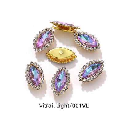 Acmore Crystal New Arrival Double-layers Navette Shape Flat Back Claw Rhinestones Golden Sunflower Sew-on Crystal Glass for Clothing