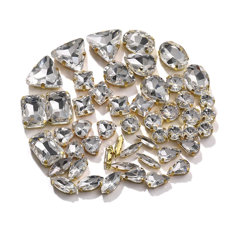 Acmore Crystal Factory Sale Mixed Shapes Crystal Glass Sew on Rhinestone With Gold Claw for DIY Jewelry Hair Clips Wedding Dress