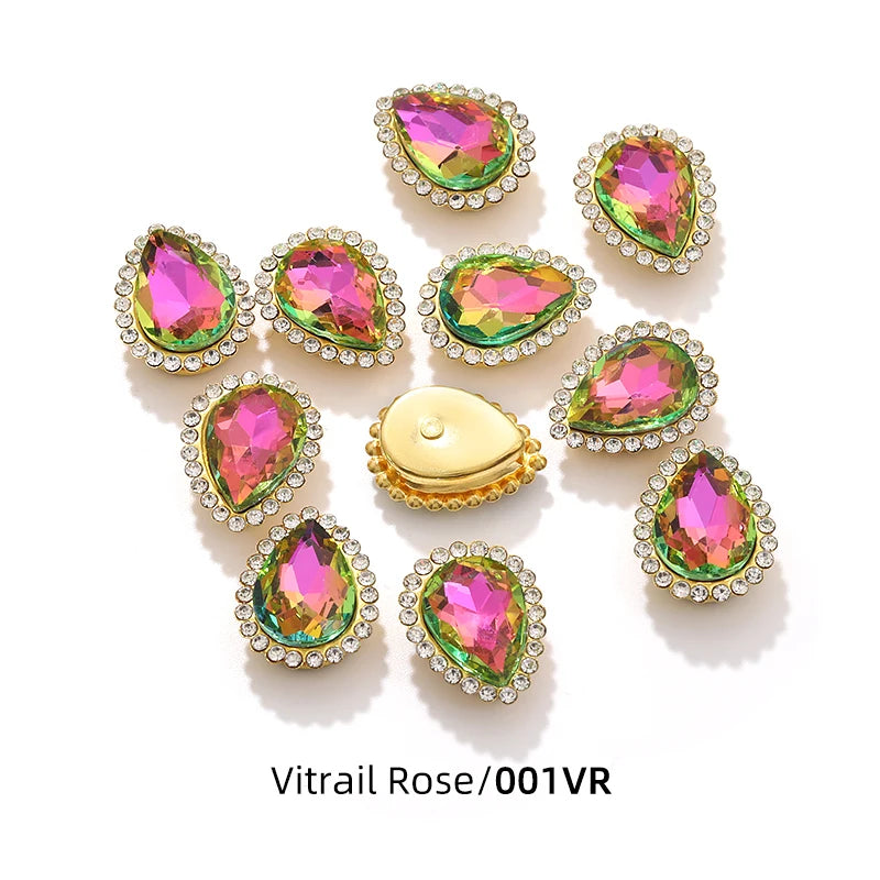 Acmore Crystal New Arrival Double-layers Drop Shape Flat Back Claw Rhinestones Golden Sunflower Sew-on Crystal Glass for Clothing