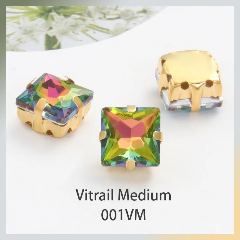 Acmore Crystal  Wholesale Colorful Sew on Stone Diamonds Square Shape Gold Claws Glass Rhinestones DIY Clothing Decorate