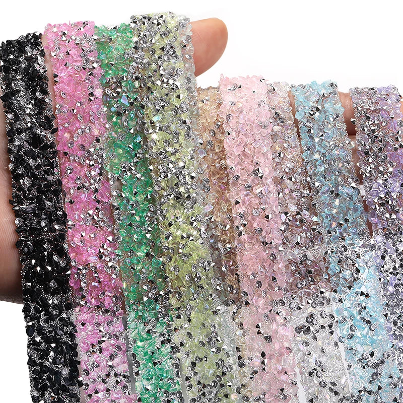 Acmore Crystal Wholesale 1.2cm Bling Self-Adhesive Resin Mesh Strips With Round Point Back Rhinestones Tube Rope for Decoration Garment