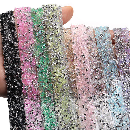Acmore Crystal Wholesale 1.2cm Bling Self-Adhesive Resin Mesh Strips With Round Point Back Rhinestones Tube Rope for Decoration Garment