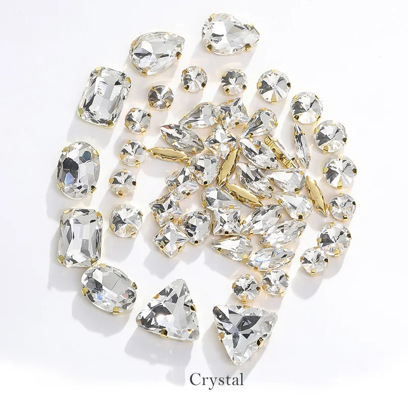 Acmore Crystal Mixed Shapes 12 Colors Loose Crystal Glass Stone With Golden Claw Setting DIY Sewing Fancy Sew on Claw Bead Rhinestone