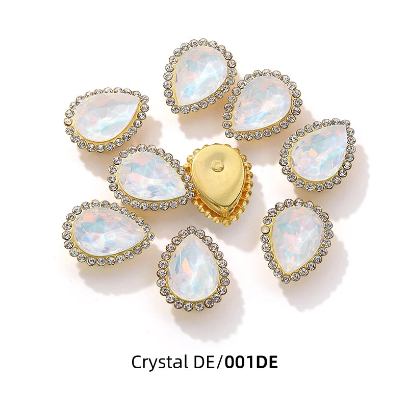 Acmore Crystal New Arrival Double-layers Drop Shape Flat Back Claw Rhinestones Golden Sunflower Sew-on Crystal Glass for Clothing
