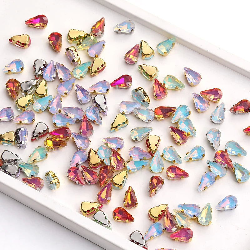 Acmore Crystal Wholesale 6*10mm Teardrop Shape Opal MI Series Sew on Rhinestones  With Golden & Sliver Claw With Garment Accessories
