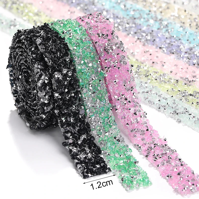 Acmore Crystal Wholesale 1.2cm Bling Self-Adhesive Resin Mesh Strips With Round Point Back Rhinestones Tube Rope for Decoration Garment