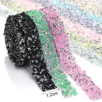 Acmore Crystal Wholesale 1.2cm Bling Self-Adhesive Resin Mesh Strips With Round Point Back Rhinestones Tube Rope for Decoration Garment