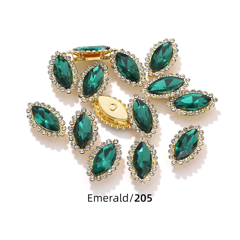 Acmore Crystal New Arrival Double-layers Navette Shape Flat Back Claw Rhinestones Golden Sunflower Sew-on Crystal Glass for Clothing