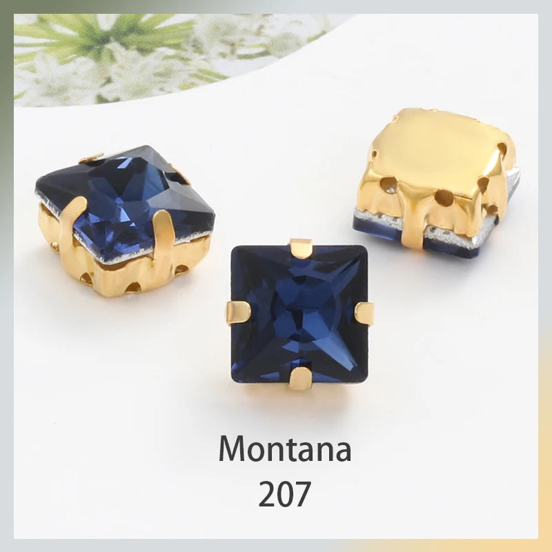 Acmore Crystal  Wholesale Colorful Sew on Stone Diamonds Square Shape Gold Claws Glass Rhinestones DIY Clothing Decorate