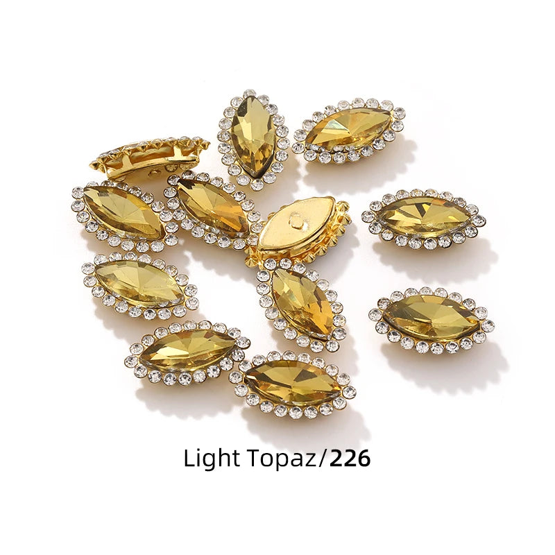 Acmore Crystal New Arrival Double-layers Navette Shape Flat Back Claw Rhinestones Golden Sunflower Sew-on Crystal Glass for Clothing