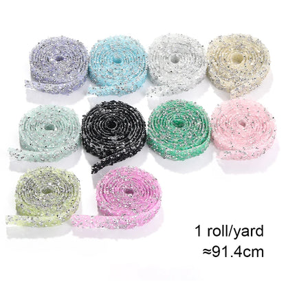 Acmore Crystal Wholesale 1.2cm Bling Self-Adhesive Resin Mesh Strips With Round Point Back Rhinestones Tube Rope for Decoration Garment