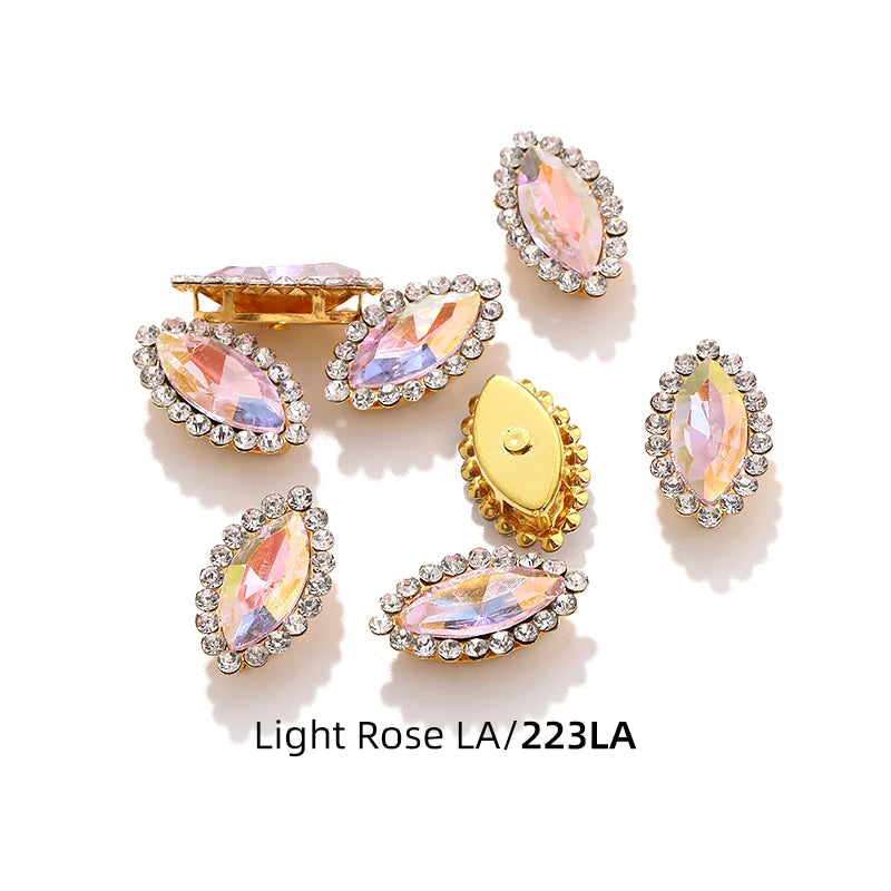 Acmore Crystal New Arrival Double-layers Navette Shape Flat Back Claw Rhinestones Golden Sunflower Sew-on Crystal Glass for Clothing