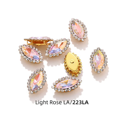 Acmore Crystal New Arrival Double-layers Navette Shape Flat Back Claw Rhinestones Golden Sunflower Sew-on Crystal Glass for Clothing