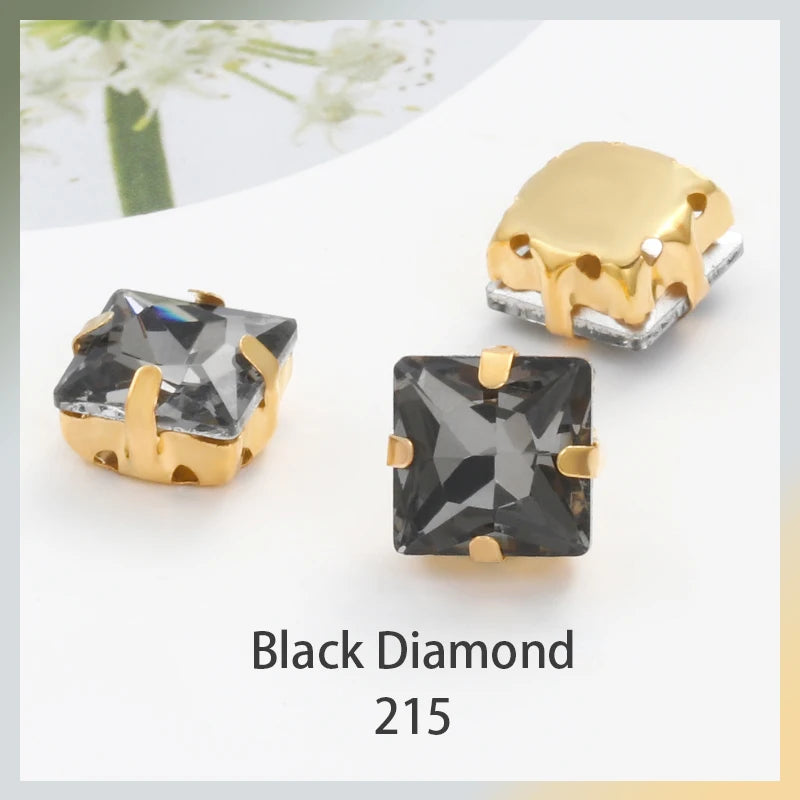 Acmore Crystal  Wholesale Colorful Sew on Stone Diamonds Square Shape Gold Claws Glass Rhinestones DIY Clothing Decorate