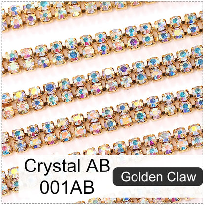 Acmore Crystal SS6-SS16 Crystal ab Stones Rhinestones Sew on Golden/white k Copper Claw Double Row Claw Cup Chain for Garment Jewelry