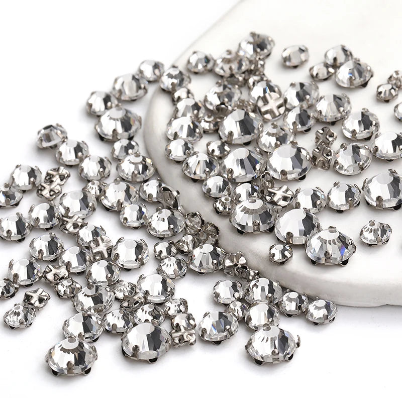 Acmore Crystal Transparent Thickened Round Cross Copper Claw Rhinestone Silver Sew on Crystal Stones  Dress Clothing-Diy Accessories