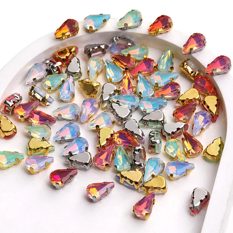 Acmore Crystal Wholesale 6*10mm Teardrop Shape Opal MI Series Sew on Rhinestones  With Golden & Sliver Claw With Garment Accessories