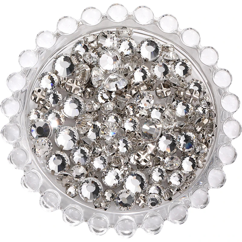 Acmore Crystal Transparent Thickened Round Cross Copper Claw Rhinestone Silver Sew on Crystal Stones  Dress Clothing-Diy Accessories