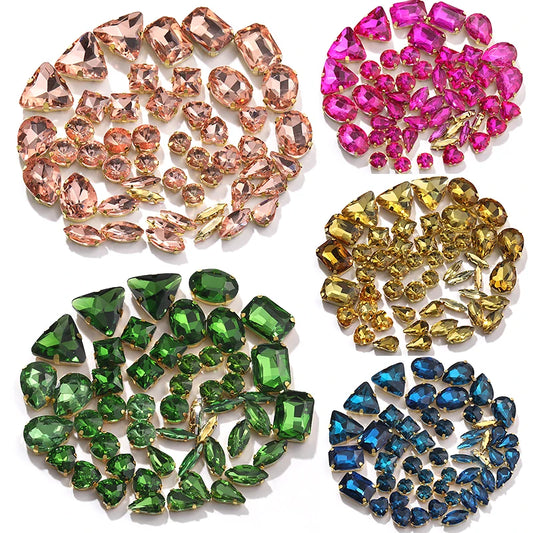 Acmore Crystal Factory Sale Mixed Shapes Crystal Glass Sew on Rhinestone With Gold Claw for DIY Jewelry Hair Clips Wedding Dress