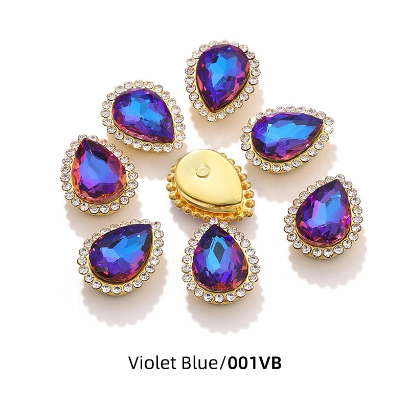 Acmore Crystal New Arrival Double-layers Drop Shape Flat Back Claw Rhinestones Golden Sunflower Sew-on Crystal Glass for Clothing