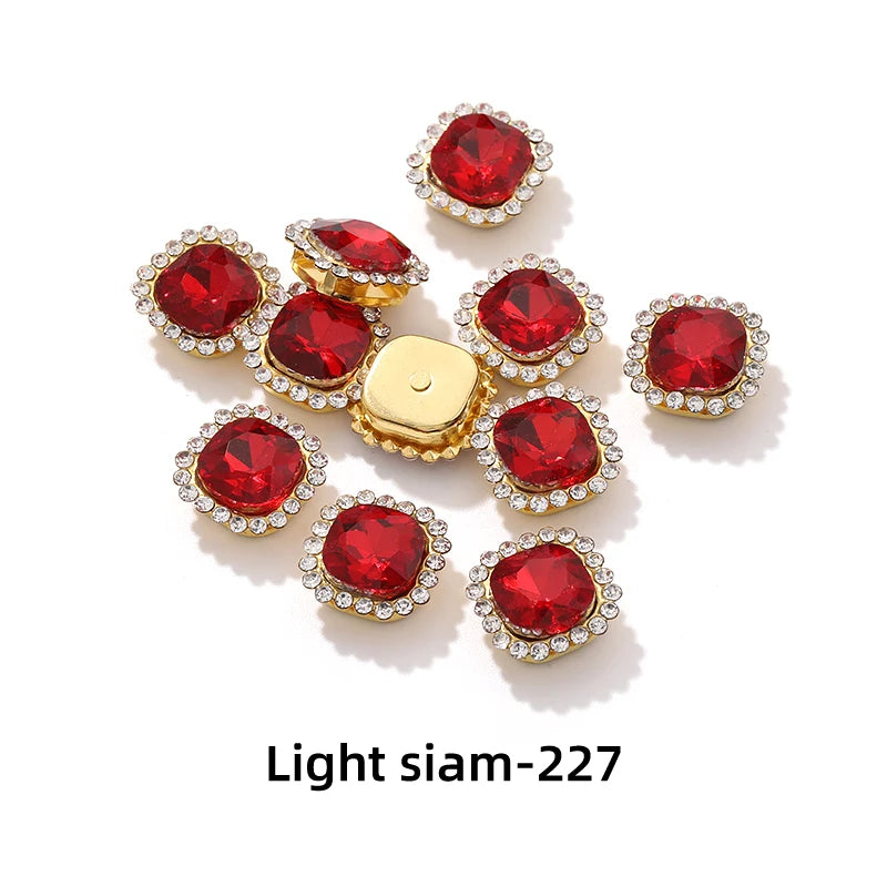 Acmore Crystal New Arrival Double-layers Cushion Shape Flat Back Claw Rhinestones Golden Sunflower Sew-on Crystal Glass for Clothing