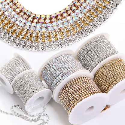 Acmore Crystal SS6-SS16 Crystal ab Stones Rhinestones Sew on Golden/white k Copper Claw Double Row Claw Cup Chain for Garment Jewelry