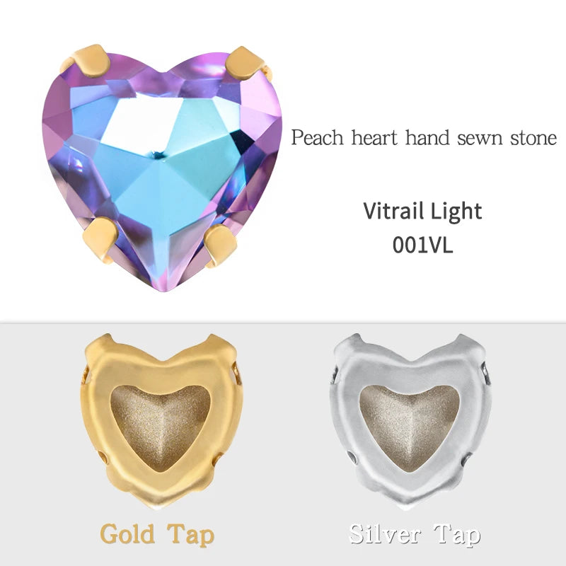 Crystal Ab Color Heart Shape Sewing Rhinestones With Golden Silver Claw Setting Peach Heart Hollow Claw Rhinestone